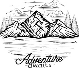 Adventure awaits line art vector t shirt design illustration
