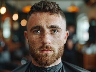 Fototapeta premium Barber Shop Transformation Illustrate the man before and after his haircut, showcasing the transformation and the barbers skill in creating a new look 8K , high-resolution, ultra HD,up32K HD
