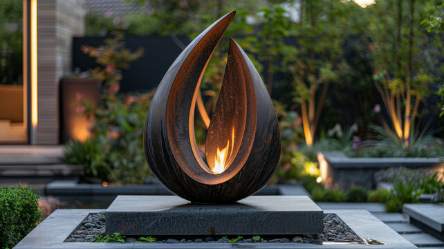 Modern flame sculpture in a garden at dusk.