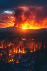 Burning Horizon Depict a forest landscape with a distant wildfire on the horizon, showing the scale of the destruction and the vastness of the affected area 8K , high-resolution, ultra HD,up32K HD