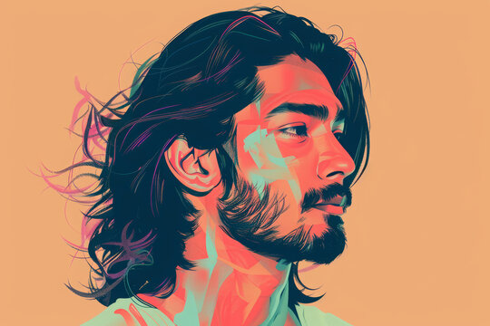 South Asian Indian man with long hair  and beard fashion beauty illustration with colorful background.