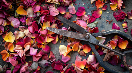 A pair of weathered secateurs delicately pruning a rose bush, the discarded petals forming a colorful carpet at their feet. - obrazy, fototapety, plakaty