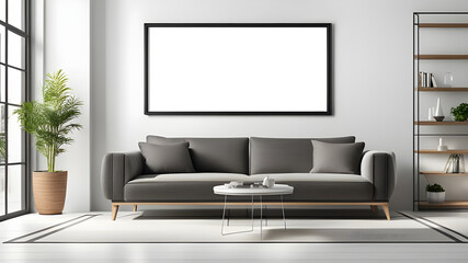 Blank modern photo frame on wall in modern living room, and small tree