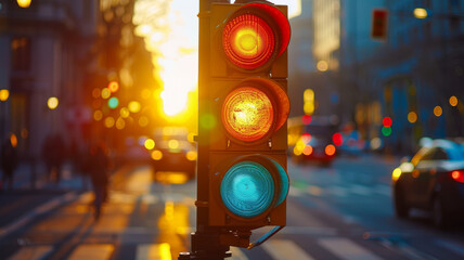 A traffic light at a city intersection at dusk.