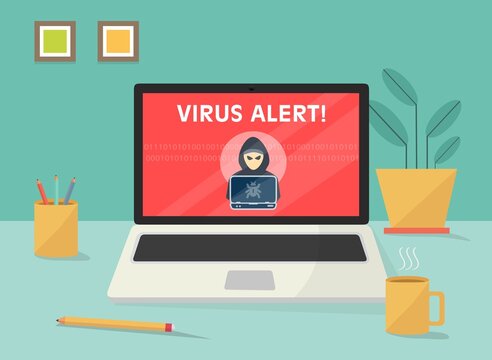 Avviso di notifica del segnale di avvertimento del teschio sullo schermo del computer portatile - illustrazioni email account id hacker VIRUS ALERT
