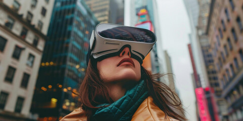 Virtual Reality Experience Woman wearing VR headset on busy urban street with skyscrapers in background