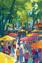 cityscape of a lovely street scene at summer festival, creates an impressionist style of painting