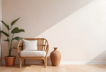 A cozy living room with a rattan armchair, a decorative vase, and a potted plant against a bright, minimalist wall