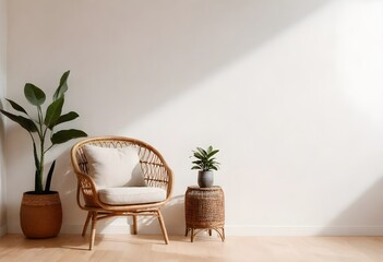 A cozy living room with a rattan armchair, a decorative vase, and a potted plant against a bright, minimalist wall - obrazy, fototapety, plakaty