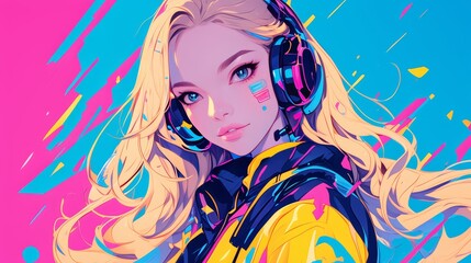 Illustration of a beautiful blonde woman with headphones with neon lights and vibrant colors, digital background