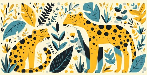 illustration of leopard and tropical leaves