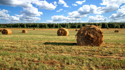 Hay bales at farm, on golden agriculture field, photography of wheat haystacks in summer. Rural...