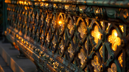 Ornate metal railing at dusk with lights