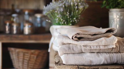 Fototapeta na wymiar Stack of clean towels on a wooden shelf in a rustic kitchen