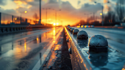 A wet road during sunset with city background.