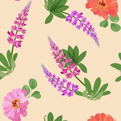 Seamless background with lupine and chrysanthemum on beige background.