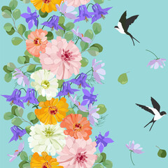 Seamless background with chrysanthemum, eucalyptus and birds