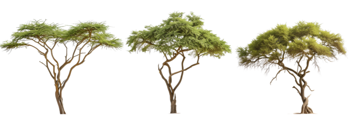 set of acacia trees, with thorny branches, isolated on transparent background