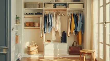 A closet with clothes hanging on the racks and a basket on the floor