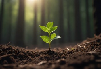 A young green plant sprouting from the soil in a forest, with blurred trees in the background - obrazy, fototapety, plakaty