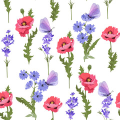 Poppy, lavender and butterflies on a white background.