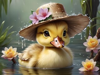 Very beautiful duckling with a very pretty hat - obrazy, fototapety, plakaty