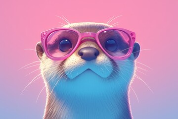 otter wearing pink sunglasses against colored background