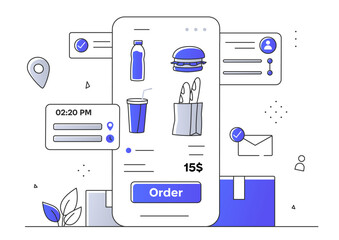 Online food ordering concept illustrated with a smartphone interface, icons for a burger, drinks, and shopping bag on a white background. Flat line art style modern vector illustration