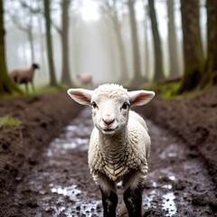 A young lamb standing on a muddy forest path, with a blurred human figure in the background