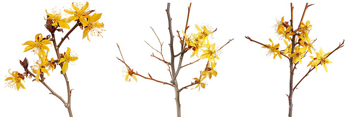 Obraz premium set of hazel plants, with yellow flowers in bloom, isolated on transparent background