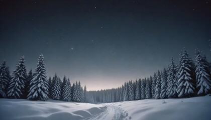 Fototapeta na wymiar A snowy winter landscape with a forest of pine trees covered in snow under a starry night sky. The scene has a serene and peaceful atmosphere with a soft, glowing light