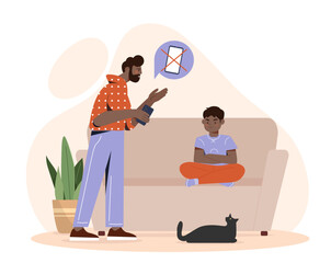 Two people and a cat in a living room scene, flat vector illustration, on a light neutral background, depicting a digital device-free concept. Modern flat cartoon vector illustration