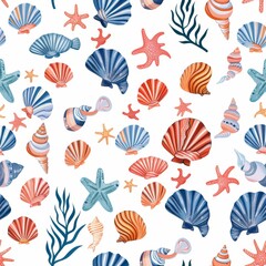 Colorful Seashells and Starfish on White Background - obrazy, fototapety, plakaty