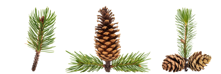 set of Mugo pine, varying in cone production and needle length, isolated on transparent background
