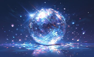 disco ball with colorful lights on it, reflecting in a mirror. Web banner with available space 