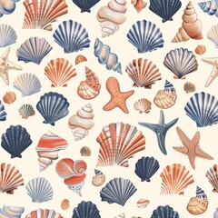 Seashells and Starfish Pattern on White Background