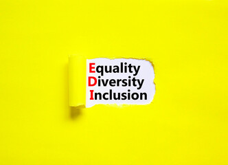 EDI equality diversity inclusion symbol. Concept words EDI equality diversity inclusion on white paper on beautiful yellow background. Business EDI equality diversity inclusion concept. Copy space.