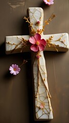 Easter cross silhouette with blooming flowers, golden kintsugi crack. It symbolizes faith, hope and revival. Generative AI