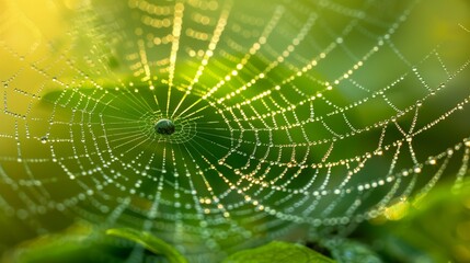 Intricate Nature: Dewy Spider Web Close-Up, generative ai