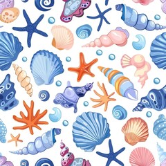 Assorted Sea Shells and Starfish on White Background
