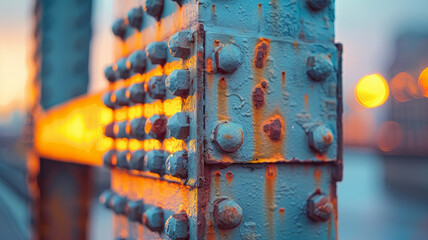 Rusted metal bolts on bridge at sunset