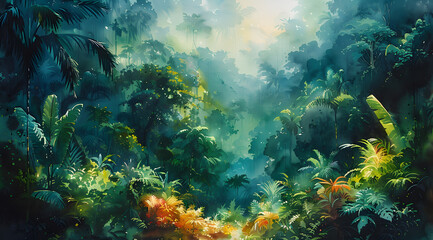 Verdant Tapestry: A Watercolor Portrait of Biodiversity in the Rainforest Canopy - obrazy, fototapety, plakaty