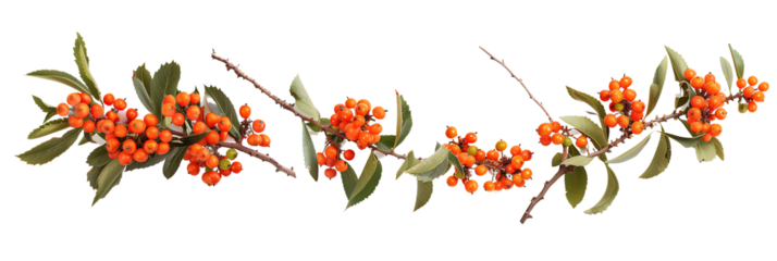 set of firethorn (Pyracantha) bushes, with their vibrant orange berries and thorny branches, isolated on transparent background