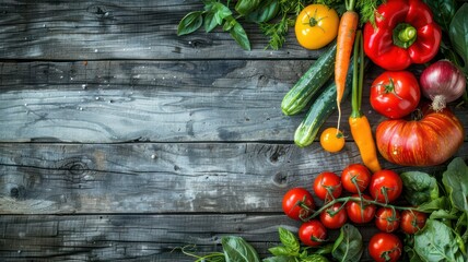 Fresh vegetable background on old wooden planks with copy space created with Generative AI