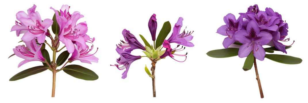 set of rhodora (Rhododendron canadense), notable for their spectacular purple flowers, isolated on transparent background