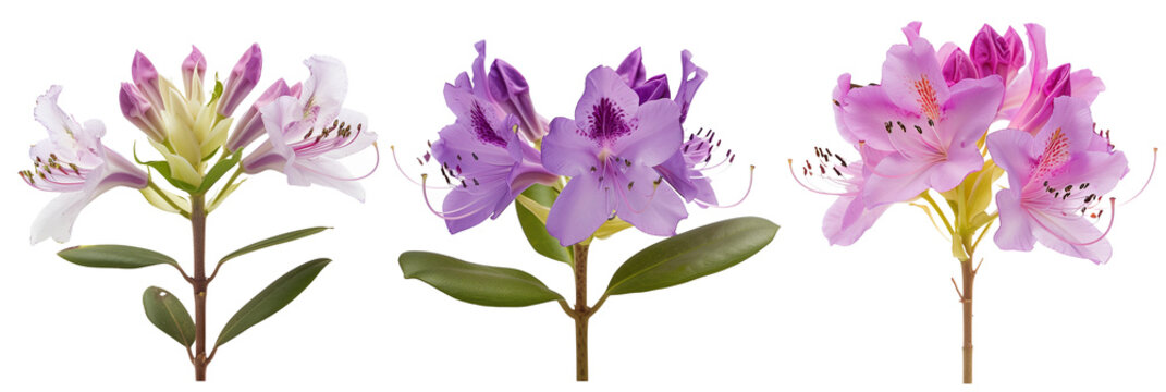 set of rhodora (Rhododendron canadense), notable for their spectacular purple flowers, isolated on transparent background