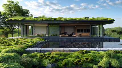 Fototapeta na wymiar An innovative and sustainable green roof adorning a contemporary villa, blending seamlessly with its surroundings. 