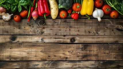 Fresh vegetable background on old wooden planks with copy space created with Generative AI
