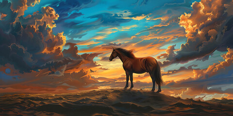 A brown horse standing on top of a sandy beach colorful majestic sunset blue sky background, Beautiful pony with a beautiful sunset in the distance, Horse s head in sunset s glow. silhouette concept  - obrazy, fototapety, plakaty