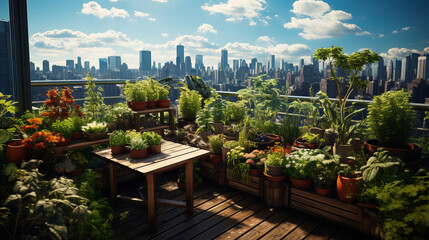 City terrace with potted decorative plants and herbs. - obrazy, fototapety, plakaty